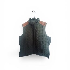 Chaps Olive Green Quilted Vest with Brown Trim